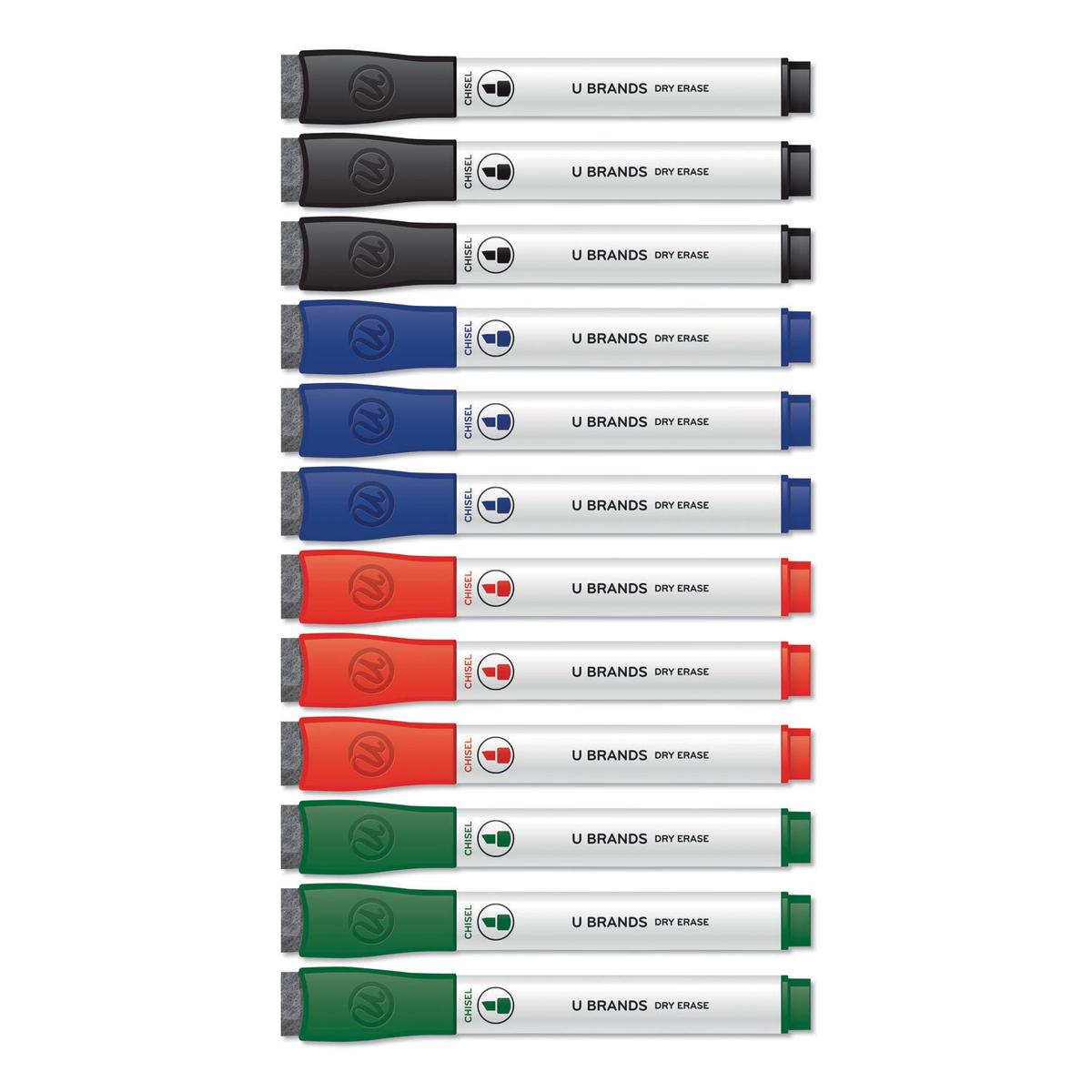 U Brands Chisel Tip Low-Odor Dry-Erase Markers with Erasers, Broad Chisel Tip, Assorted Colors, 12/Pack (3981U0112)