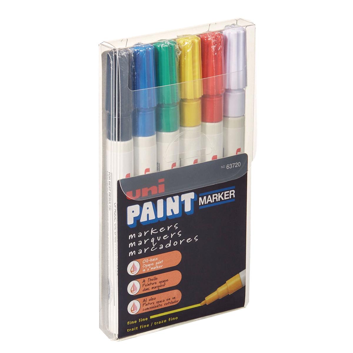 uni Paint Permanent Marker, Fine Bullet Tip, Assorted Colors, 6/Set (63720)