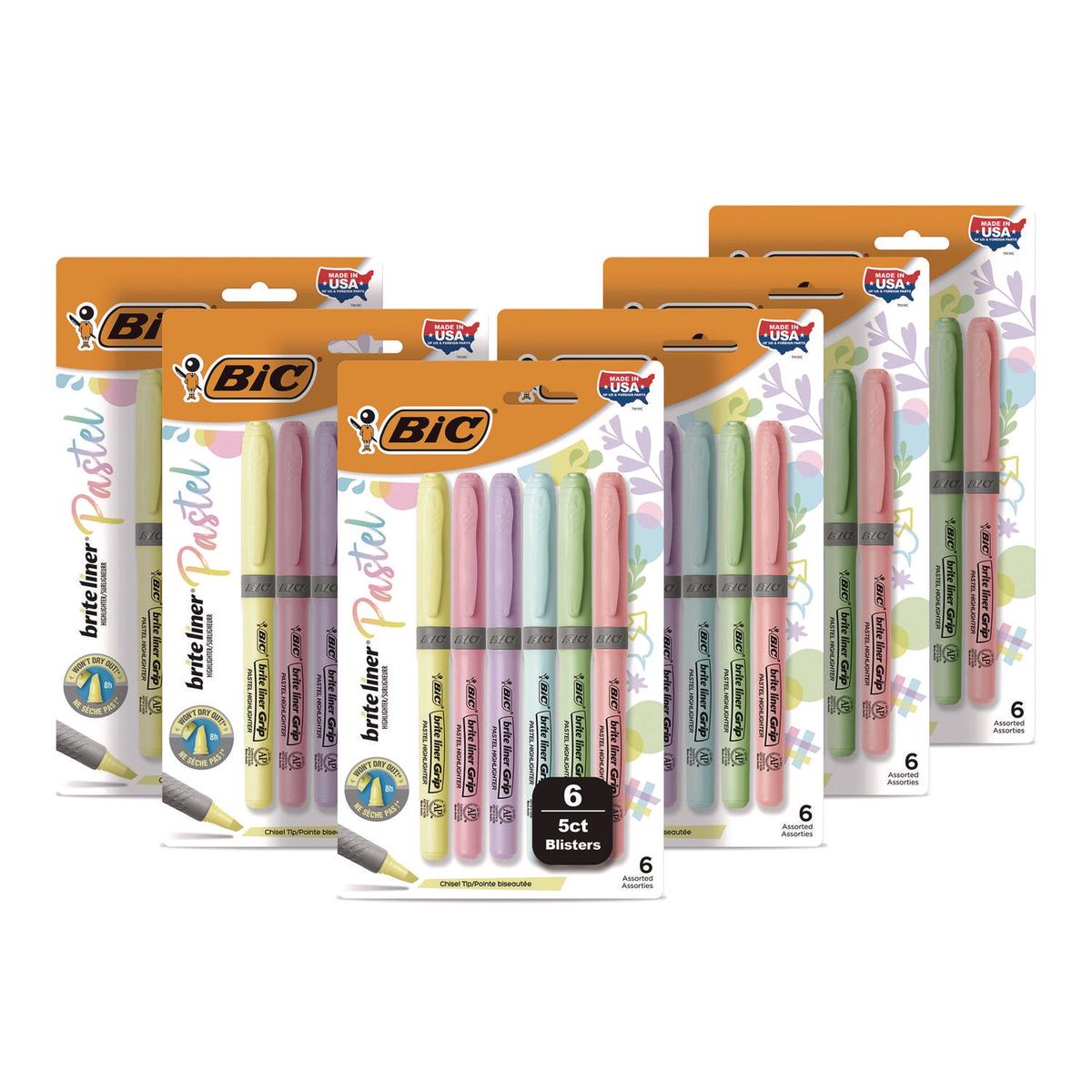 BIC Brite Liner Grip Pocket Highlighter, Assorted Ink Colors, Chisel Tip, Assorted Barrel Colors, 6/Set, 6 Sets/Pack (GBLD36EAST)