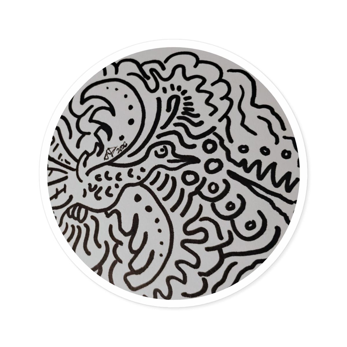 Bird Chasing Energy Ball Round Sticker  Black & White Hand-Drawn Pattern (Indoor/Outdoor)