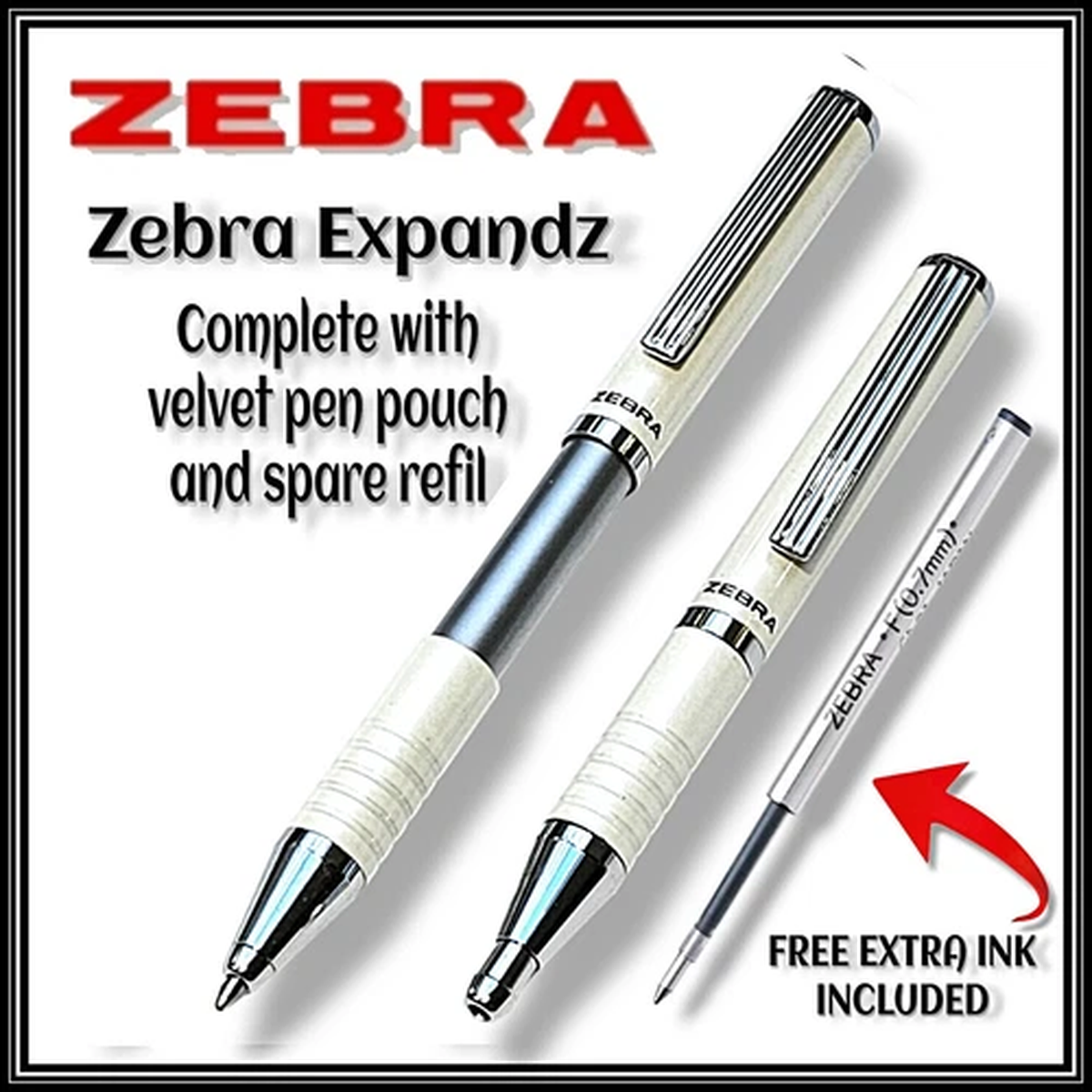 Zebra Expandz PEARL WHITE Retractable Ballpoint Pen 1.0mm  Black Ink + POUCH INC