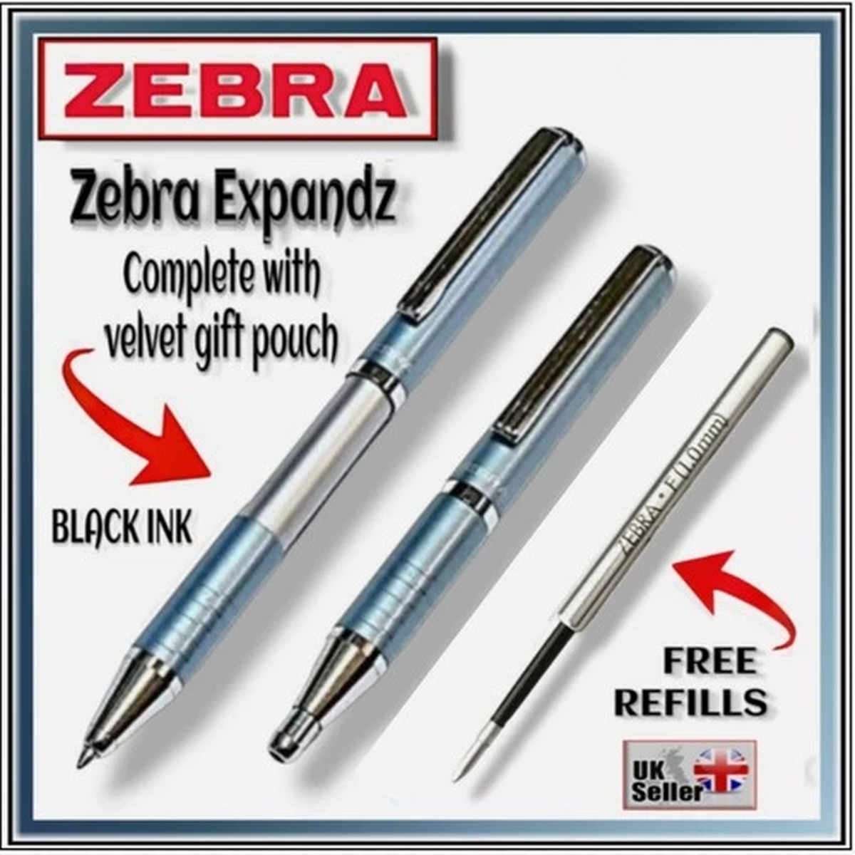 Zebra PEN Expandz BLUE CHROME Retractable Ballpoint Pen 1.0mm  Black Ink + POUCH