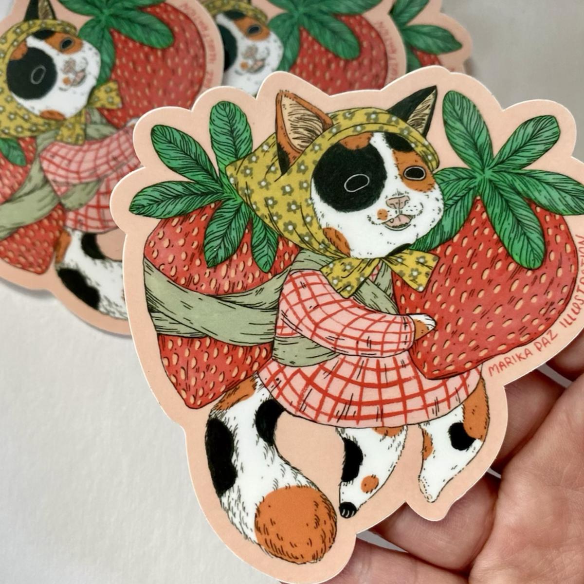Marika Paz Illustration - Strawberry Cat Vinyl Sticker